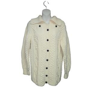 Handmade Wool Aran Fisherman Cardigan Sweater Cream Cable Knit Bobble Heavy